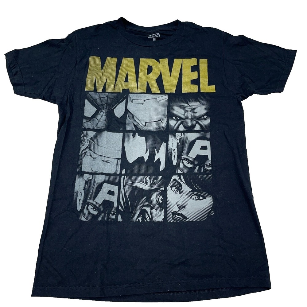 Marvel Shirt Men Medium Black Tee Super Hero Comics Spider Man Iron Hulk Retro M